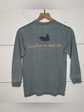 Southern Marsh • Kids Long Sleeve Tee in Slate Blue with Gold Logo Size Medium